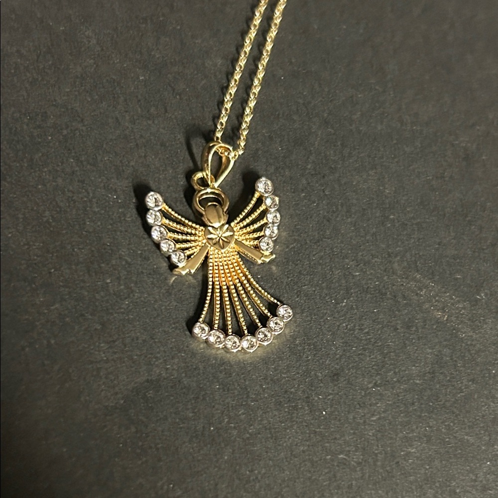 RL 925 Sterling Silver Gold Vermeil Rhinestone Angel Themed Pendant 18” Necklace